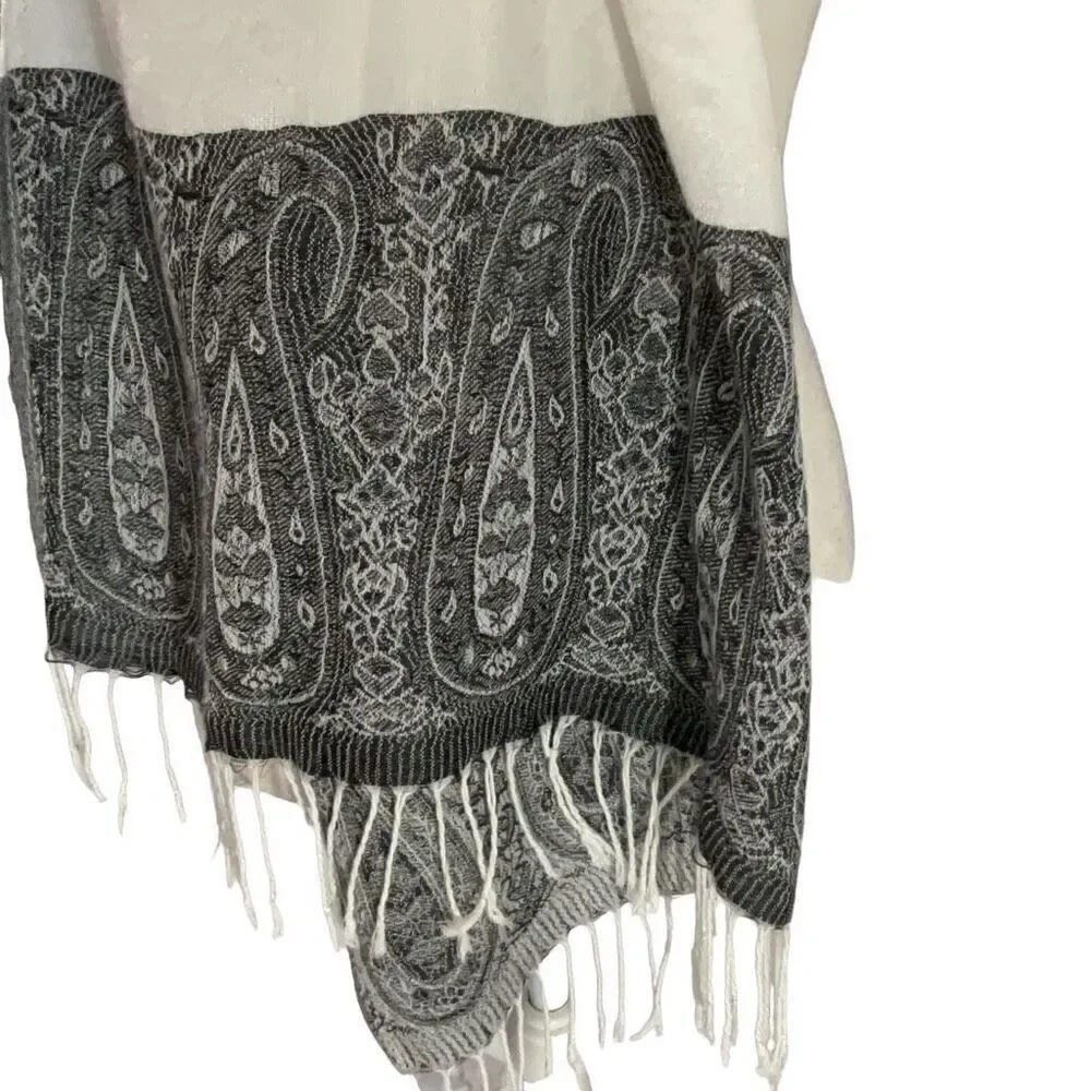 Scarf Wrap Cream Charcoal Paisley 3” Fringes 28” x 73”